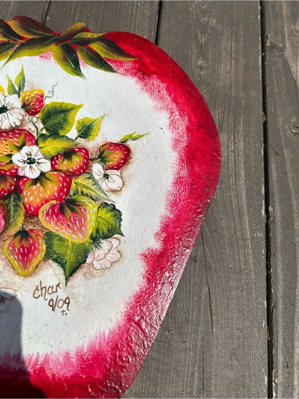 Vintage Wood plate Hand Painted Strawberry strawberries Cottagecore‎ Signed